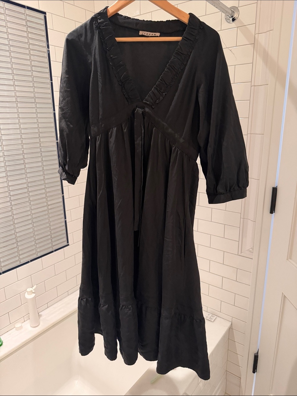 Jigsaw Black Midi Dress with Ruffle V-Neck and Tie Waist silk